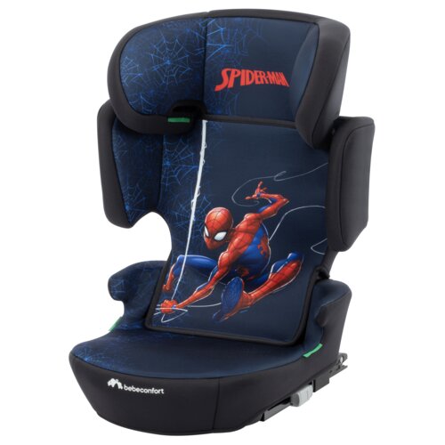 Granatowy fotelik samochodowy z motywem Spider-Mana, z widocznym logo "bebeconfort" na dole. Na oparciu znajduje się grafika przedstawiająca Spider-Mana w dynamicznej pozie oraz napis "SPIDER-MAN" na górze.