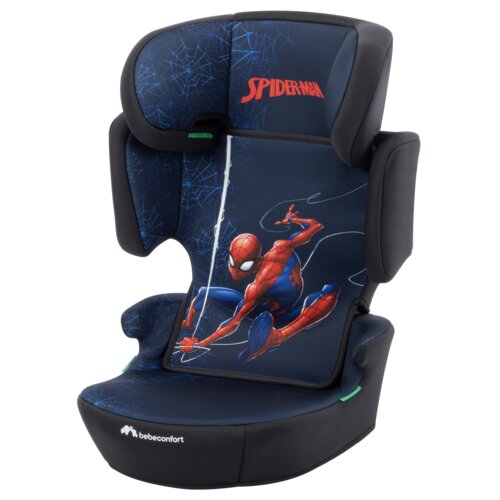 Granatowy fotelik samochodowy z motywem Spider-Mana, z widocznym napisem "SPIDER-MAN" na zagłówku oraz logo "bebeconfort" na dolnej części. Na oparciu znajduje się grafika przedstawiająca Spider-Mana w dynamicznej pozie.