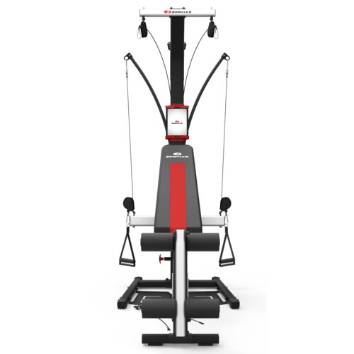 Na zdjęciu znajduje się atlas do ćwiczeń z widocznym logo "BOWFLEX" na górnej i środkowej części urządzenia. Konstrukcja jest w kolorach czarnym, szarym i czerwonym, z elementami do ćwiczeń siłowych, takimi jak linki i uchwyty.