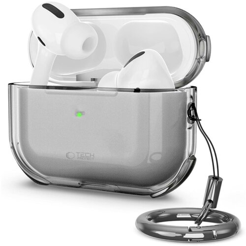 Przezroczyste etui na słuchawki TECH-PROTECT Bounce do Apple Airpods Pro 3 w kolorze szarym, z widocznym logo "TECH PROTECT" i zieloną diodą na przedniej części. Etui posiada czarny sznurek z metalowym kółkiem.