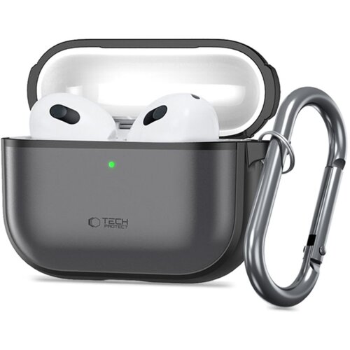 Czarne etui na słuchawki z widocznymi białymi słuchawkami w środku, posiada karabińczyk z boku. Na etui znajduje się logo "TECH PROTECT" oraz zielona dioda.