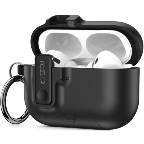 Czarne etui na słuchawki TECH-PROTECT Slim Hook do Apple Airpods Pro 3 z widocznym logo "TECH PROTECT" i metalowym kółkiem do zawieszenia. Wewnątrz etui znajdują się białe słuchawki.