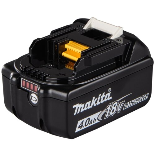 Czarny akumulator z widocznym logo "Makita" oraz oznaczeniami "4.0Ah" i "18V LITHIUM ION". Na obudowie znajduje się wskaźnik naładowania z czterema czerwonymi diodami.