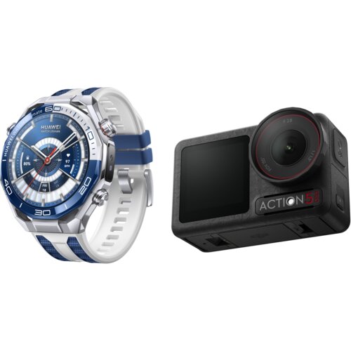 Na zdjęciu widoczny jest srebrno-niebieski smartwatch z okrągłą tarczą, na której znajduje się napis "HUAWEI WATCH Ultimate", oraz czarna kamera sportowa z napisem "ACTION 5" na obudowie. Oba urządzenia mają nowoczesny design i są przedstawione na białym 
