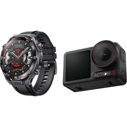 Na zdjęciu widoczny jest czarny smartwatch z okrągłą tarczą, na której znajduje się napis "HUAWEI Watch Ultimate", oraz czarna kamera sportowa z napisem "ACTION 5" obok obiektywu. Oba urządzenia mają nowoczesny design i są przedstawione na białym tle.