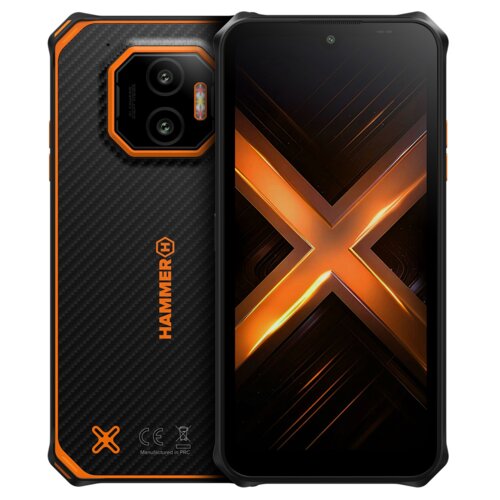 Smartfon w kolorze czarno-pomarańczowym z widocznym logo "HAMMER" na tylnej obudowie oraz dużą literą "X" na ekranie. Na tylnej obudowie znajdują się dwa obiektywy aparatu oraz oznaczenia CE i "Manufactured in PRC".
