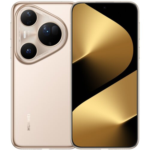 Złoty smartfon z dużym ekranem, na którym widoczny jest abstrakcyjny wzór w odcieniach złota. Na tylnej obudowie znajdują się trzy duże obiektywy aparatu oraz logo "HUAWEI".