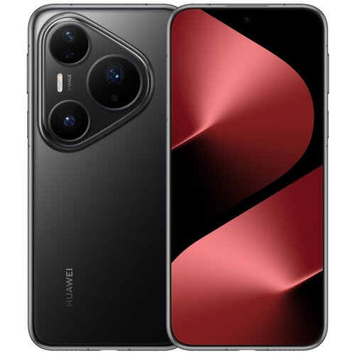 Czarny smartfon z dużym ekranem, na którym widoczny jest abstrakcyjny wzór w odcieniach czerwieni. Na tylnej obudowie znajdują się trzy aparaty fotograficzne oraz napis "HUAWEI".