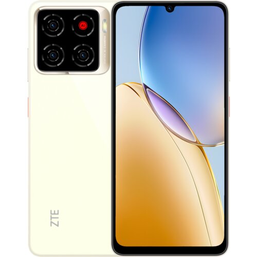 Smartfon w kolorze złotym z dużym ekranem, na którym widoczna jest abstrakcyjna grafika w odcieniach niebieskiego i złotego. Na tylnej obudowie znajduje się moduł z czterema obiektywami aparatu oraz logo "ZTE".