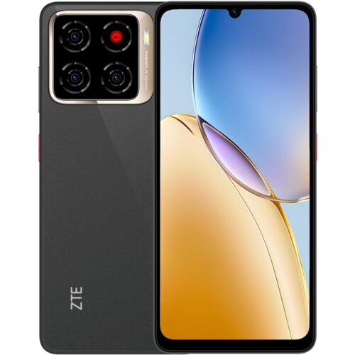 Na zdjęciu widoczny jest czarny smartfon z dużym ekranem, na którym wyświetlany jest gradientowy obraz w odcieniach niebieskiego i złotego. Na tylnej obudowie znajduje się logo "ZTE" oraz moduł aparatu z czterema obiektywami i napisem "MATRIX AI CAMERA".