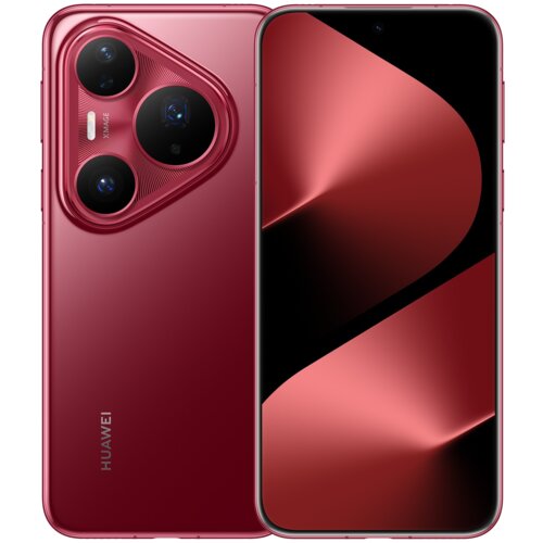 Czerwony smartfon z dużym ekranem i trzema aparatami z tyłu, z widocznym logo "HUAWEI". Na ekranie wyświetlany jest abstrakcyjny wzór w odcieniach czerwieni.