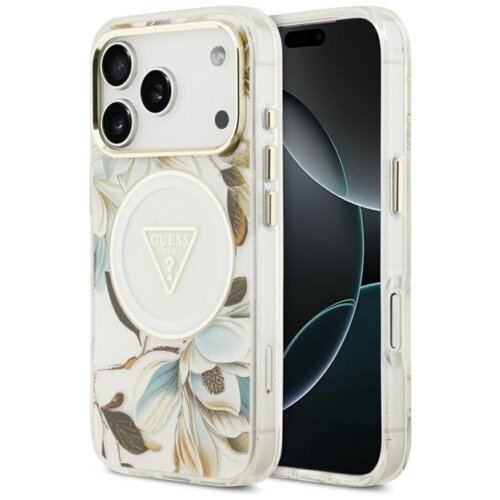 Etui GUESS IML Glitter Flowers Triangle MagSafe do Apple iPhone 17 Pro Max Biały