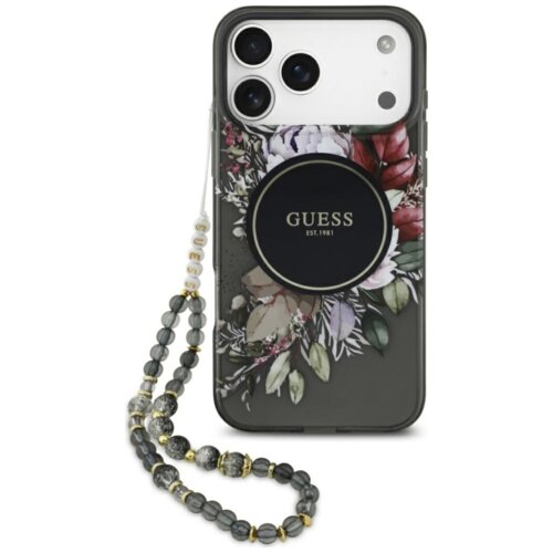 Etui GUESS IML Flowers Pearl Strap MagSafe do Apple iPhone 17 Pro Max Czarny