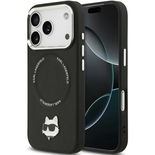 Czarne etui na telefon z trzema widocznymi obiektywami aparatu, ozdobione okrągłym napisem "KARL LAGERFELD" oraz przypinką w kształcie kota w okularach. Na ekranie telefonu widoczny jest abstrakcyjny wzór w odcieniach czerni i szarości.