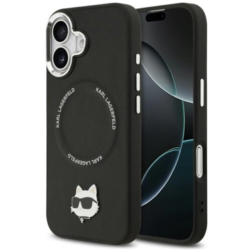 Czarne etui na telefon z okrągłym wzorem i napisem "KARL LAGERFELD" oraz metalowym emblematem przedstawiającym kota w okularach przeciwsłonecznych. Obok etui widoczny jest telefon z ciemnym ekranem.