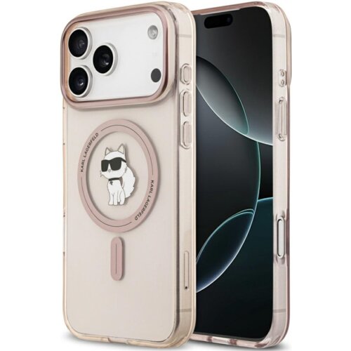 Przezroczyste etui na telefon z różowymi akcentami, ozdobione grafiką białego kota w okularach przeciwsłonecznych oraz napisem "KARL LAGERFELD". Etui jest dopasowane do modelu telefonu z trzema obiektywami aparatu.