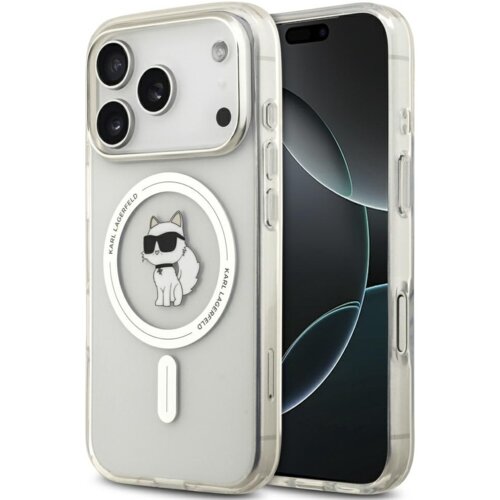 Przezroczyste etui na telefon z grafiką przedstawiającą postać kota w okularach przeciwsłonecznych, otoczoną napisem "KARL LAGERFELD". Etui jest dopasowane do modelu telefonu z trzema obiektywami aparatu.