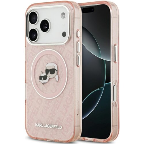 Różowe etui na telefon z przezroczystymi elementami, ozdobione grafiką przedstawiającą postacie w okularach przeciwsłonecznych oraz logo "KARL LAGERFELD" na dole. Etui posiada wycięcia na aparat i przyciski, a jego powierzchnia jest pokryta brokatem.