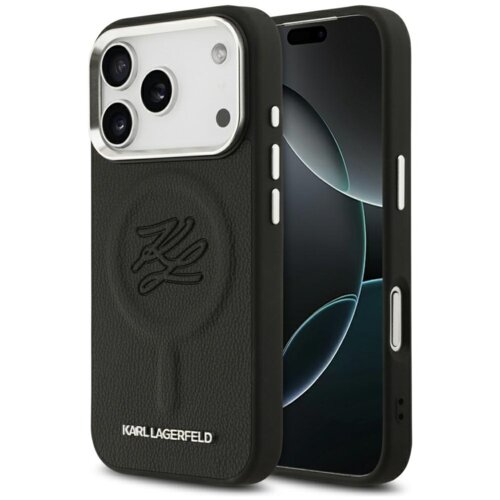 Czarne etui na telefon z wytłoczonym logo "KL" oraz napisem "KARL LAGERFELD" na dole, zaprojektowane dla modelu iPhone z trzema aparatami. Etui posiada teksturę przypominającą skórę i jest kompatybilne z technologią MagSafe.