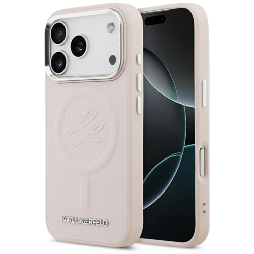 Różowe etui na telefon z wytłoczonym logo "KL" oraz metalowym napisem "KARL LAGERFELD" na dole, zaprojektowane dla modelu iPhone 17 Pro Max z funkcją MagSafe. Etui posiada wycięcia na aparat i przyciski, a jego powierzchnia ma teksturę przypominającą skór