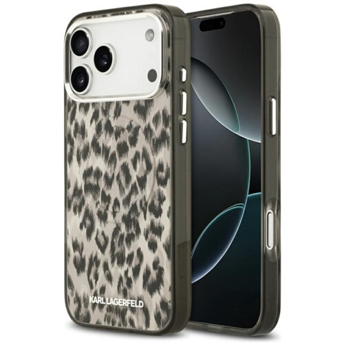 Etui na telefon z wzorem w cętki lamparta, wykonane z przezroczystego materiału, z widocznym logo "KARL LAGERFELD" na dole. Etui jest dopasowane do telefonu z trzema aparatami i posiada wycięcia na przyciski oraz porty.