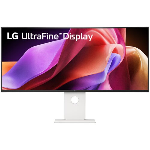 Monitor z zakrzywionym ekranem wyświetla kolorową grafikę z dominującymi odcieniami fioletu, różu i pomarańczu. Na górze ekranu widoczny jest napis "LG UltraFine Display".