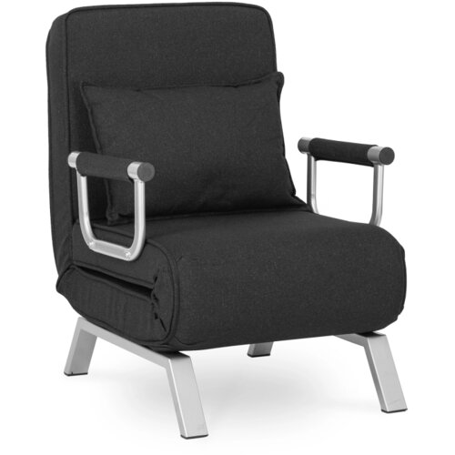 Czarny fotel rozkładany do spania z metalowymi podłokietnikami i nogami, wyposażony w poduszkę. Produkt ma prosty, nowoczesny design i jest jednoosobowy.