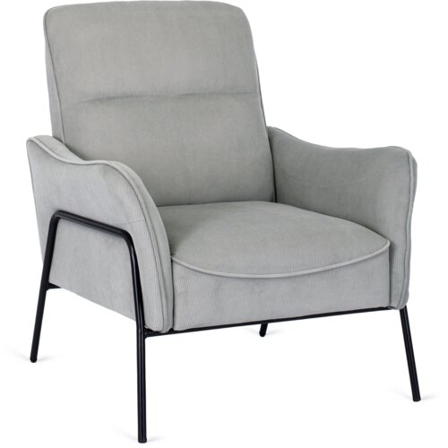 Szary fotel o nowoczesnym designie, wykonany z tkaniny, z metalowymi nogami w kolorze czarnym. Produkt opisany jako "Fotel Do Salonu ALBERTO Nowoczeny Loft Tkanina Popiel".