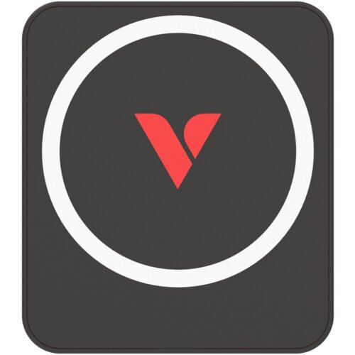 Czarny dysk z czerwonym logo w kształcie litery "V" na środku, otoczony białym okręgiem. Produkt ma zaokrąglone rogi.