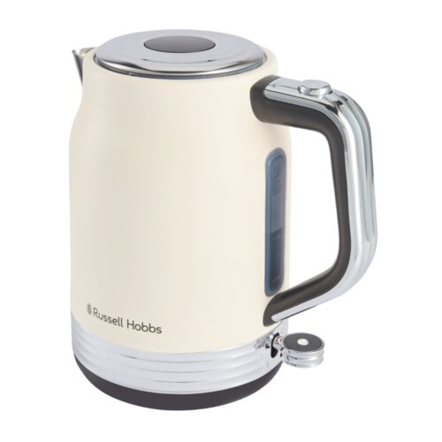 Kremowy czajnik elektryczny z metalicznymi elementami, posiada czarny uchwyt i przezroczysty wskaźnik poziomu wody. Na powierzchni widoczne jest logo "Russell Hobbs".