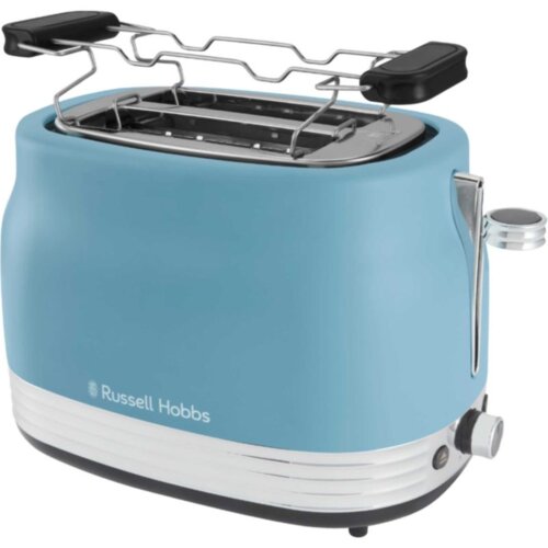 Niebieski toster z metalicznymi elementami i uchwytem, z widocznym logo "Russell Hobbs" na dolnej części obudowy. Na górze znajduje się ruszt na pieczywo z czarnymi uchwytami.