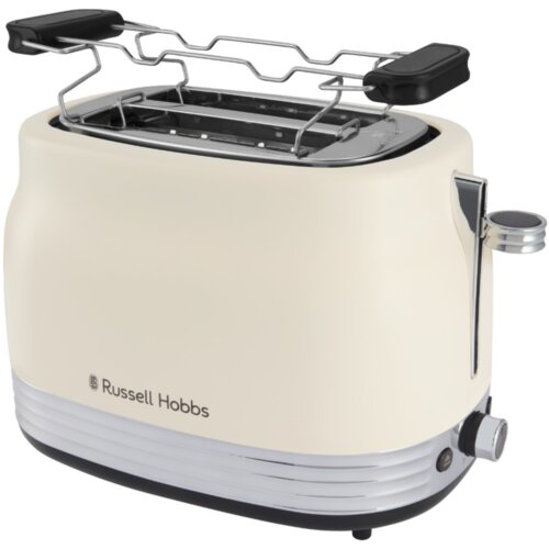 Jasny toster z metalicznymi elementami i uchwytem, z widocznym logo "Russell Hobbs" na obudowie. Na górze znajduje się ruszt do podgrzewania pieczywa.