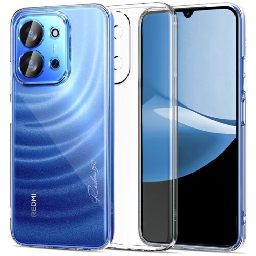 Przezroczyste etui TECH-PROTECT FlexAir do Xiaomi Redmi 15C (171mm) jest pokazane na tle telefonu z niebieskim tyłem, na którym widnieje napis "Redmi 15C". Etui jest cienkie i dopasowane, a na zdjęciu widać również wycięcia na aparaty i przyciski.