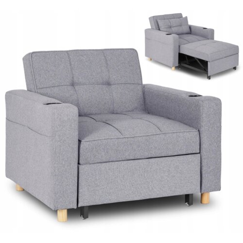 Szara, rozkładana sofa z drewnianymi nóżkami, widoczna w dwóch ujęciach: w formie złożonej oraz rozłożonej do spania. Sofa ma pikowane siedzisko i oparcie, a na podłokietnikach znajdują się uchwyty na napoje.