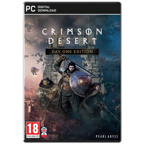 Okładka gry "Crimson Desert Day One Edition Gra PC" z napisem "PC Digital Download" u góry oraz logo "Pearl Abyss" na dole. Widoczne są postacie w zbrojach, a w lewym dolnym rogu znajduje się oznaczenie wiekowe 18+ oraz symbole języków ENG i PL.