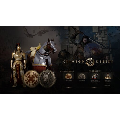 Na zdjęciu znajduje się grafika promująca "Crimson Desert Deluxe Edition Gra PC" z postacią w zbroi, koniem w pancerzu oraz tarczami. Widoczny jest tekst: "CRIMSON DESERT", "SPECJALNY BONUS", "Tarcza Krukaida", "PAKIET DELUXE", "Tarcza Bohayara", "Naramie