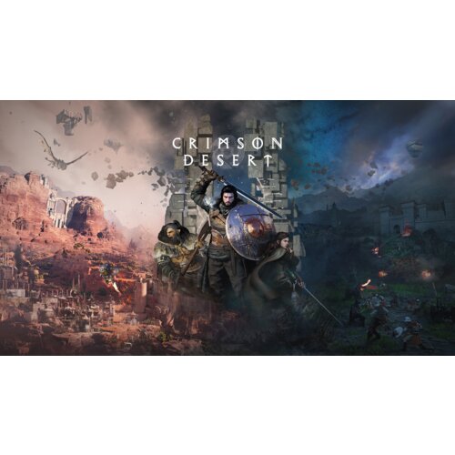 Na zdjęciu znajduje się okładka gry "Crimson Desert Collector's Edition" na konsolę XBOX SERIES X, przedstawiająca postacie w zbrojach z mieczami i tarczami na tle krajobrazów pustynnych i zamkowych. Na górze widoczny jest tytuł gry "CRIMSON DESERT".