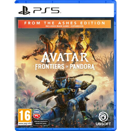 Okładka gry "Avatar: Frontiers of Pandora From The Ashes Edition" na PS5 przedstawia postać w niebieskiej skórze z bronią, otoczoną roślinnością, z napisem "FROM THE ASHES EDITION INCLUDES MAIN GAME + EXPANSION" na górze. Widoczne są także oznaczenia wiek