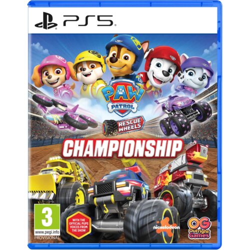 Okładka gry na PS5 zatytułowanej "Psi Patrol Rescue Wheels: Championship" przedstawia kolorowe postacie z animacji oraz pojazdy wyścigowe na torze. Widoczne są logotypy "nickelodeon" i "OG Outright Games", a także oznaczenie wiekowe "3" oraz napis "WITH T