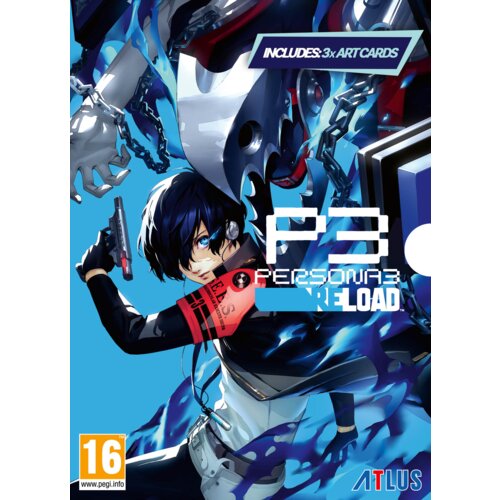 Okładka gry "Persona 3 Reload Gra PC" przedstawia postać z ciemnymi włosami i słuchawkami, trzymającą pistolet, na tle mechanicznej postaci z łańcuchami. Na okładce widnieje tekst: "INCLUDES: 3x ART CARDS", "P3 PERSONA3 RELOAD", logo "ATLU" oraz oznaczeni