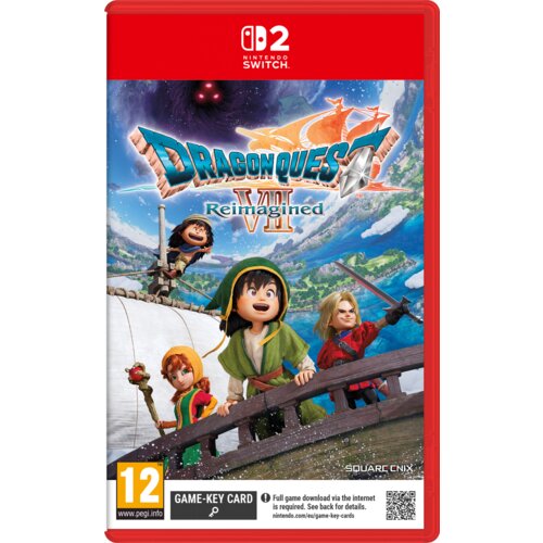 Okładka gry "Dragon Quest VII Reimagined" na konsolę Nintendo Switch przedstawia cztery postacie na tle malowniczego krajobrazu z górami i niebem. Widoczne są logotypy Nintendo Switch i Square Enix, a w dolnym rogu znajduje się oznaczenie wiekowe 12 oraz 