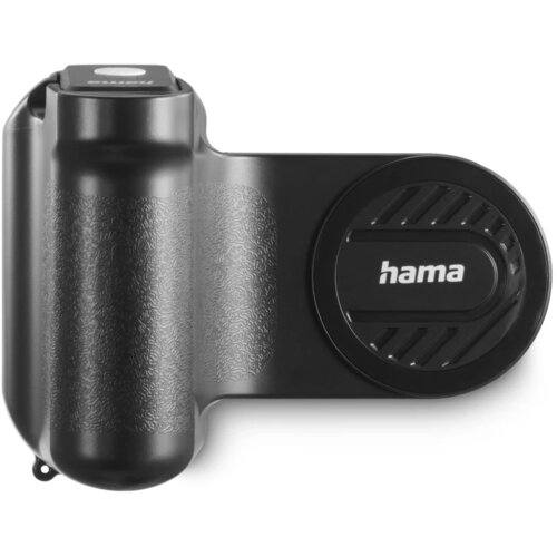 Czarny uchwyt z teksturowaną powierzchnią i okrągłym elementem z logo "hama". Produkt ma nowoczesny design i jest przeznaczony do montażu urządzeń.