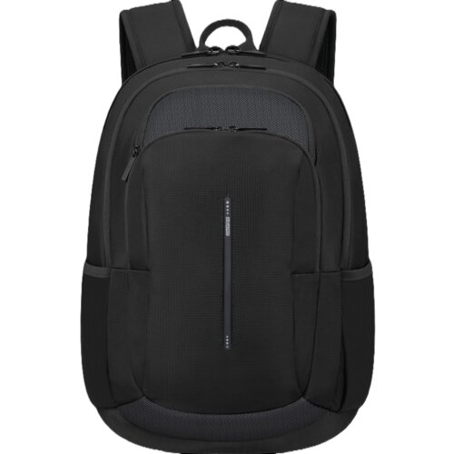 Czarny plecak z kilkoma zamkami błyskawicznymi i kieszeniami, z widocznym logo "American Tourister" na przedniej części. Plecak ma gładką teksturę i wyściełane szelki.