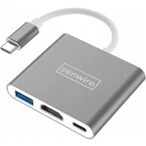 Na zdjęciu znajduje się szary hub z trzema portami: USB, HDMI i USB-C, z widocznym logo "zenwire" na obudowie. Hub jest połączony z krótkim kablem zakończonym wtykiem USB Typu C.
