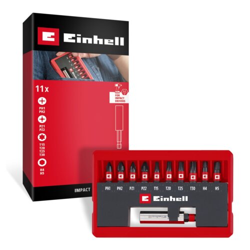 Czerwone opakowanie z logo Einhell zawiera zestaw 11 bitów udarowych, z oznaczeniami: PH1, PH2, PZ1, PZ2, T15, T20, T25, T30, H4, H5, oraz grafiką wskazującą na użycie z wkrętarkami udarowymi. Na opakowaniu widnieje napis "FOR IMPACT DRIVERS" oraz "IMPACT".