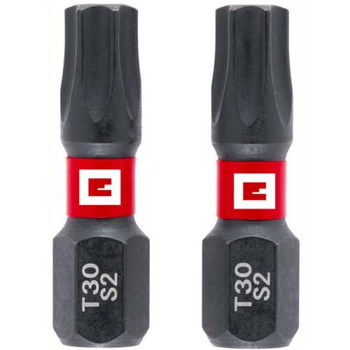 Dwa czarne bity z oznaczeniami "T30 S2" oraz czerwonymi opaskami z białym logo w kształcie litery "E".