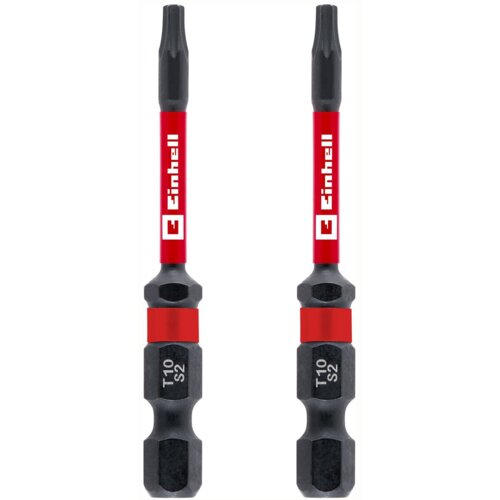 Dwa bity z czerwonymi uchwytami, na których widnieje logo "Einhell". Na czarnych częściach bitów znajduje się oznaczenie "T10 S2".