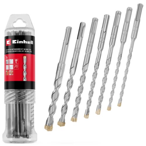 Przezroczyste opakowanie zawiera siedem metalowych wierteł, a na czerwonej etykiecie widnieje logo "Einhell" oraz tekst: "SDS Plus Betonbohrer Set 160 mm 7-tlg. SDS Plus Concrete Drill Set 160 mm 7 pcs."