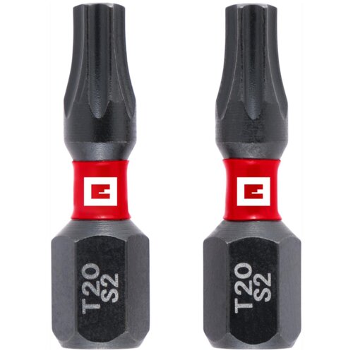 Dwa czarne bity z czerwonymi pierścieniami, na których widnieje białe logo z literą "E". Na bitach znajduje się napis "T20 S2".