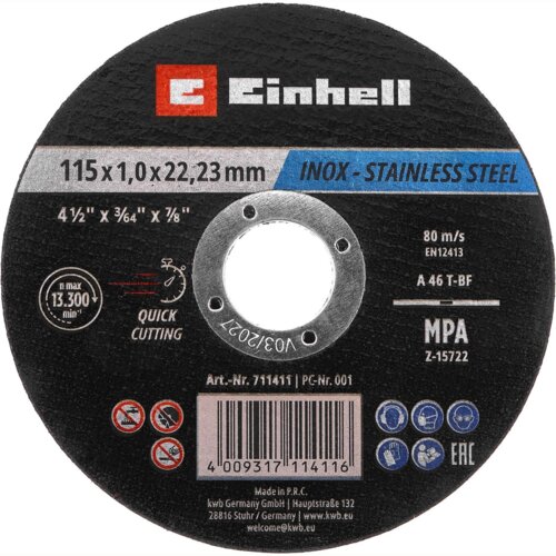 Czarna tarcza do metalu z centralnym otworem, z widocznym logo "Einhell" oraz napisami: "115 x 1,0 x 22,23 mm", "INOX - STAINLESS STEEL", "n max 13.300 min⁻¹", "QUICK CUTTING", "80 m/s", "EN12413", "A 46 T-BF", "MPA Z-15722", "Art.-Nr. 711411", "PC-Nr. 001", "Made in P.R.C.", "kwb Germany GmbH", "Hauptstraße 132", "28816 Stuhr / Germany", "www.kwb.eu", "welcome@kwb.eu". Na dole znajduje się kod kreskowy z numerem "4009317114116".